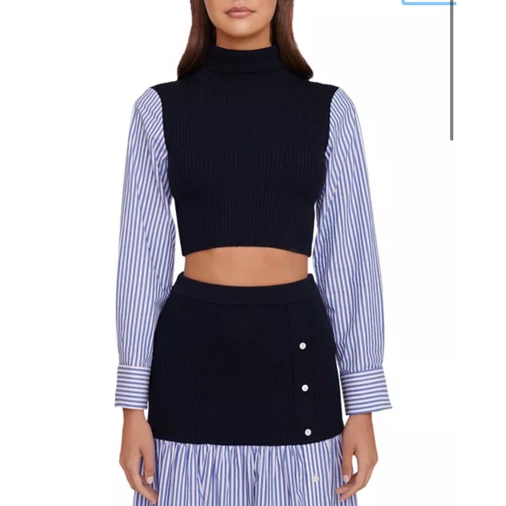 STAUD Louisa Blue Mixed Media Cropped Merino Wool Sweater Top Small NEW
